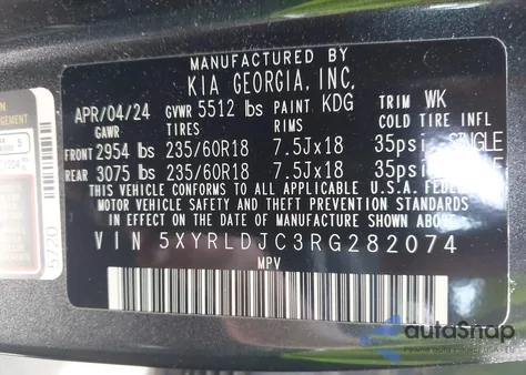 2024 Kia Sorento S z USA, uszkodzony, nr VIN 5XYRLDJC3RG282074